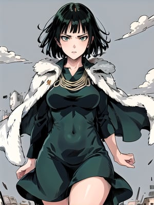 1 girl, fubuki, solo, green eyes, short hair, cowboy shot, dress, fur trim, jewelry, arm crossed, pouting expression, thick thighs, random background, (masterpiece:1.3), (vibrant:1.2) , best quality, cinematic
, floating, destroyed city, wind, powers