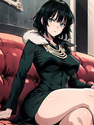 1 girl, fubuki, alone, green eyes, short hair, jean shot, dress, fur trim, jewelry, sitting, legs spread, on the couch, expressionless, bedroom, thick thighs, looking at viewer