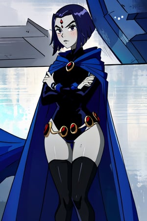 (masterpiece, best quality), pale skin, intricate details, 1girl, RavenTT, navy blue cape, black leotard, black thigh-high stockings, brooch, belt, red crystal on forehead, short purple hair, serious look, arms crossed