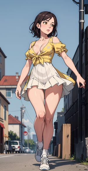 (best quality, masterpiece:1.2), (realistic, photo-realistic:1.3), 1girl, solo, (full body:1.3), (from below:1.3), simple background, working, medium_hair, street background, v neck ruffle sleeves pleated, windy, girlfriend dating,\nshort sleeves, yellow floral_elegant tie knot_chiffon mini dress, thighs, (thigh gap), white_sneakers, nice leg line, emphasized waist line, middle breast, large pelvis, clavicle, little cleavage, emphasized waist line\n, , 