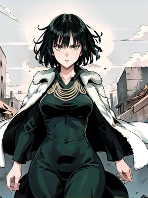 1 girl, fubuki, solo, green eyes, short hair, cowboy shot, dress, fur trim, jewelry, pouting expression, thick thighs, random background, (masterpiece:1.3), (vibrant:1.2), best quality , cinematographic
, floating, destroyed city, wind, powers