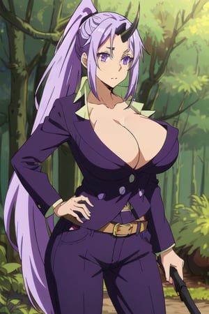 Shion 1girl, weapon, shirt, very_long_hair, belt, ponytail, collarbone, horns, cleavage, big_breasts, long_hair, pants, purple_eyes, , purple_hair, purple_jacket, breasts, very_long_hair, alone, alone, forest, distressed