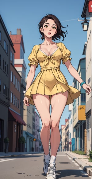 (best quality, masterpiece:1.2), (realistic, photo-realistic:1.3), 1girl, solo, (full body:1.3), (from below:1.3), simple background, working, medium_hair, street background, v neck ruffle sleeves pleated, windy, girlfriend dating,\nshort sleeves, yellow floral_elegant tie knot_chiffon mini dress, thighs, (thigh gap), white_sneakers, nice leg line, emphasized waist line, middle breast, large pelvis, clavicle, little cleavage, emphasized waist line\n, , 
