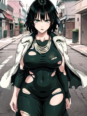 1 girl, fubuki, alone, green eyes, short hair, cowboy shot, dress, (torn clothes: 1.5) jewelry, sorry expression, thick thighs, (masterpiece:1.3), (vibrant:1.2), best quality, film
,alley,