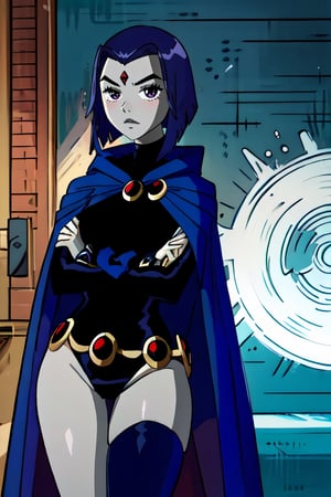 (masterpiece, best quality), pale skin, intricate details, 1girl, RavenTT, navy blue cape, black leotard, black thigh-high stockings, brooch, belt, red crystal on forehead, short purple hair, serious look, arms crossed