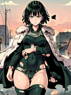 1 girl, fubuki, solo, green eyes, short hair, cowboy shot, dress, fur trim, (torn clothing, underwear: 1.5) jewelry, pouting expression, thick thighs, (masterpiece:1.3), (vibrant :1.2), best quality, cinematic
, flying, destroyed city, wind, powers