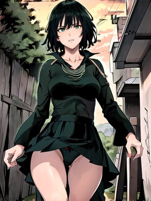 1 girl, fubuki, alone, green eyes, short hair, cowboy shot, dress, (hiking up her skirt, showing underwear: 1.5) jewelry, saddened expression, thick thighs, (masterpiece:1.3), (vibrant: 1.2), best quality, cinematic
,alley at night, headlight light,