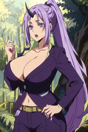 Shion 1girl, weapon, shirt, very_long_hair, belt, ponytail, collarbone, horns, cleavage, big_breasts, long_hair, open_mouth, pants, purple_eyes, purple_eyes, purple_hair, purple_jacket, breasts, very_long_hair, alone, alone, holding sword, forest
