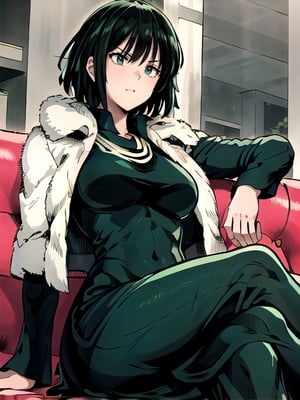 1 girl, fubuki, alone, green eyes, short hair, jean shot, dress, fur trim, jewelry, sitting, legs spread, on couch, arm crossed, pouting expression, quarter, thick thighs, random background, ( masterpiece:1.3), (vibrant:1.2), best quality, cinematic