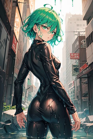 TatsumakiOPM, green eyes, green hair, short hair, beautiful, stylish, cowboy photo, arm crossed, pouting expression, tight black clothes, long sleeves, random background, (masterpiece:1.3), (vibrant:1.2), best quality, cinematic destroyed city,
(wet: 1.5), back