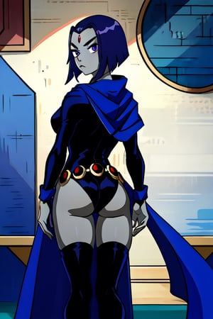 (masterpiece, best quality), pale skin, intricate details, 1girl, RavenTT, navy blue cape, black leotard, black thigh-high stockings, brooch, belt, red crystal on forehead, short purple hair, serious look, arms crossed , from behind looking at the spectators,RavenTT