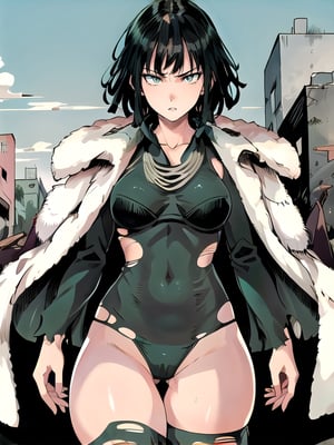 1 girl, fubuki, solo, green eyes, short hair, cowboy shot, dress, fur trim, (torn clothing, underwear: 1.5) jewelry, pouting expression, thick thighs, (masterpiece:1.3), (vibrant :1.2), best quality, cinematic
, flying, destroyed city, wind, powers