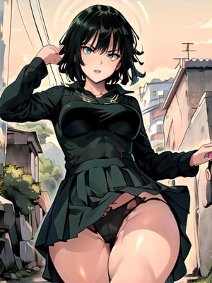 1 girl, fubuki, alone, green eyes, short hair, cowboy shot, dress, (hiking up her skirt, showing black underwear : 1.5) jewelry, sorrowful expression, thick thighs, (masterpiece:1.3), (vibrant :1.2), best quality,
,city alley at night, headlight light,