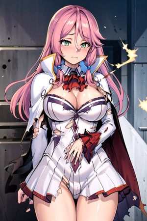 masterpiece, best quality, high resolution, aaflare, long hair, hair bows, bangs, green eyes, red ascot, white cape, neckline, white dress, long sleeves, white thighs, cowboy shot, standing, outdoors free, (clothes torn: 1.5) blushing, ashamed,