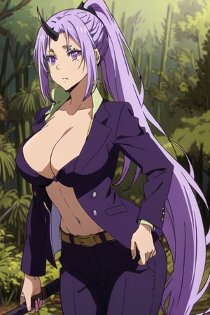 Shion 1girl, weapon, shirt, very_long_hair, belt, ponytail, collarbone, horns, cleavage, big_breasts, long_hair, pants, purple_eyes, , purple_hair, purple_jacket, breasts, very_long_hair, alone, alone, forest, distressed, torn clothes, destroyed