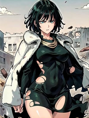 1 girl, fubuki, solo, green eyes, short hair, cowboy shot, dress, fur trim, (torn clothing: 1.5) jewelry, pouting expression, thick thighs, (masterpiece:1.3), (vibrant:1.2) , best quality, cinematic
, flying, destroyed city, wind, powers