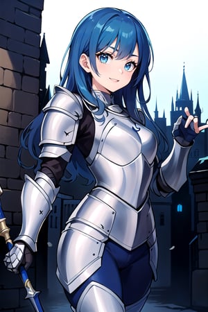 (masterpiece:1.3),(best quality:1.1),milf, 25 years old beauty female, deep blue eyes and detailed face, pure skin,small breasts, glad smile, ((blue light armor:1.55)), holding a spear, blue pants, large pelvis, (illustration:1.1),(extremely fine and beautiful:1.1),(perfect details:1.1),head to thigh view, ((in front of castle)), ((depth of field)), blue hair, long curly hair, front view,  