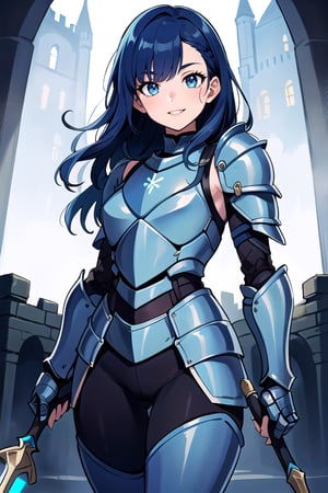 (masterpiece:1.3),(best quality:1.1),milf, 25 years old beauty female, deep blue eyes and detailed face, pure skin,small breasts, glad smile, ((blue light armor:1.55)), holding a spear, blue pants, large pelvis, (illustration:1.1),(extremely fine and beautiful:1.1),(perfect details:1.1),head to thigh view, ((in front of castle)), ((depth of field)), blue hair, long curly hair, front view,  