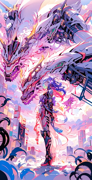 high resolution, image of a beautiful girl wearing a futuristic mechanical suit accompanied by a mechanical style dragon, futuristic ruined city in the background, sunset light in the distance, The general atmosphere is mildly sad but peaceful, transparent bodystocking, mecha, full_body, detailed anatomy, detailed face, extra detailed long multicolored hair, detailed grey eyes, 1 girl, imponent aura, perfecteyes,1 girl,fate/stay background,DragonCute,mecha,kujo jotaro,raiden shogun,pixel art
