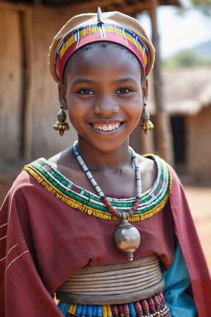 masterpiece, a RAW full body shot photography of a young pretty girl from Tanzania wearing traditional clothing, smiling at viewer, 8k, fine detail, intricate detail, depth of field, highres
