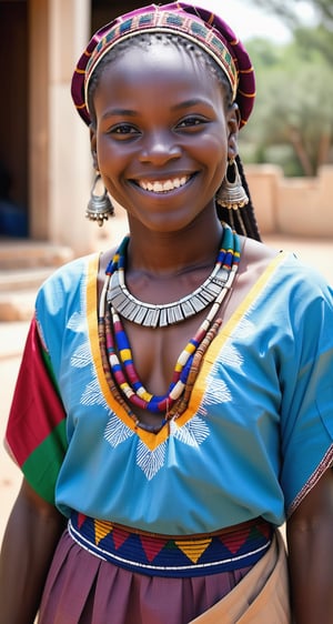masterpiece, a RAW full body shot photography of a 19yo pretty girl from Mali wearing traditional clothing, smiling at viewer, 8k, fine detail, intricate detail, depth of field, highres,skirtlift
