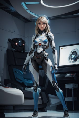 masterpiece, picture of a female cyborg, (big breasts:0.6), robotic limbs, wearing a futuristic helmet, perfect legs, 8k, highres, hydrotech