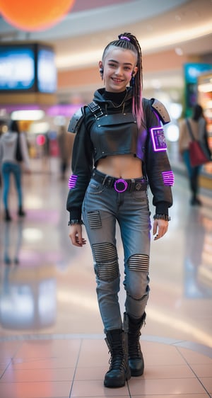 masterpiece, a RAW full body shot photography of a pretty 19yo cyberpunk girl in a shopping mall, smiling at viewer, 8k, fine detail, intricate detail, depth of field, highres