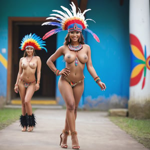 masterpiece, a nsfw full body shot photography of (2girls) (nude) 20yo pretty girls from Brazil with big natural breasts, samba dancers, (realistic nipples, detailed nipples), wearing headdresses made of colorful feathers, muscular legs, high heeled shoes, hourglass figure, smiling at viewer, 8k, highres, sharp focus, highest quality, photorealism:1.2, p3rfect boobs,cleavage
