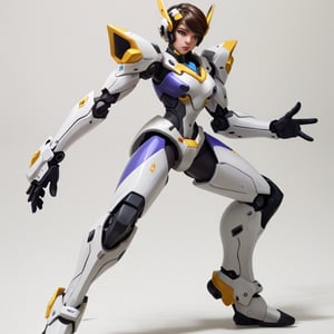 D.Va suit inspired, Overwatch videogame character, white purple suit, futuristic yellow and fucsia decals, robot,Mecha,mecha_girl_figure,roblit, android, high-end design, whithe modular suit, slim, aerodynamic, Full Body Shot,robot