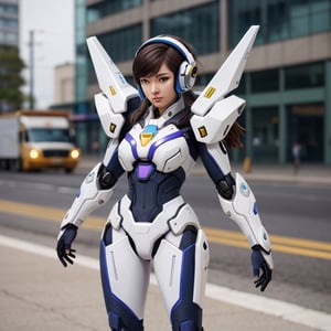 D.Va suit inspired, Overwatch videogame character, white purple suit with fucsia decals, robot,Mecha,mecha_girl_figure,roblit, android, high-end design, whithe modular suit, slim, aerodynamic, Full Body Shot,