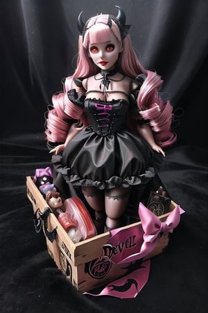 ((Devil doll like)) kit box / blister pack / horror Satanist symbols gothic horror accessories included in the package / horror style / ((horror gothic devil doll)) photorealistic 