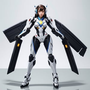 D.Va suit inspired, Overwatch videogame character, white purple suit with fucsia decals, robot,Mecha,mecha_girl_figure,roblit, android, high-end design, whithe modular suit, slim, aerodynamic, Full Body Shot,robot