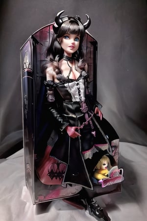 (Blister gift box Inbox satan male doll playset) ((Devil male doll like)) kit box / blister pack / horror Satanist symbols gothic horror accessories included in the package / horror style / ((horror gothic devil doll)) photorealistic 