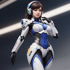 D.Va suit inspired, Overwatch videogame character, white purple suit with fucsia decals, robot,Mecha,mecha_girl_figure,roblit, android, high-end design, whithe modular suit, slim, aerodynamic, Full Body Shot,robot