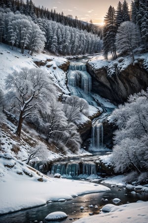  mountain stream landscape painting, (((snowcowerd labscape and trees, frozen waterfall))),in the style of mike campau, light white and gold, david yarrow, tj drysdale, gothic grandeur, cold and detached atmosphere, national geographic photo, sunset in the viewers back 