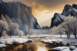 (((Yosemite park))), mountain stream landscape painting, in the style of mike campau, light white and gold, david yarrow, tj drysdale, gothic grandeur, cold and detached atmosphere, national geographic photo, 
,Landskaper