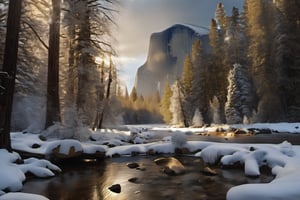 (((Yosemite park))), mountain stream landscape painting, in the style of mike campau, light white and gold, david yarrow, tj drysdale, gothic grandeur, cold and detached atmosphere, national geographic photo, 
,Landskaper