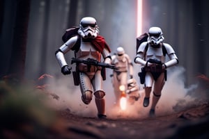 A scout starwars stormtrooper and a normale one running to the viewer on the moon endor, under laser fire, explosion around them, smoke, battlefield atmosphere, in the style of intense and dramatic lighting, war photography, furaffinity, tilt-shift photography, yankeecore, rtx on, high quality photo 