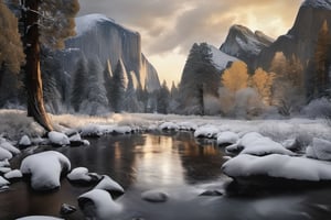 (((Yosemite park))), mountain stream landscape painting, in the style of mike campau, light white and gold, david yarrow, tj drysdale, gothic grandeur, cold and detached atmosphere, national geographic photo, 
,Landskaper