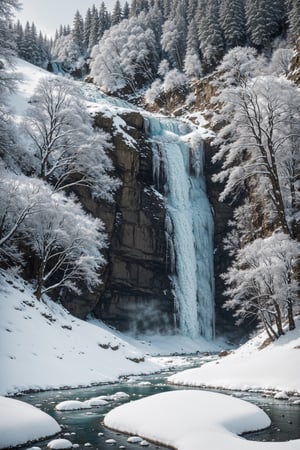  mountain stream landscape painting, (((snowcowerd labscape and trees, frozen waterfall))),in the style of mike campau, light white and gold, david yarrow, tj drysdale, gothic grandeur, cold and detached atmosphere, national geographic photo