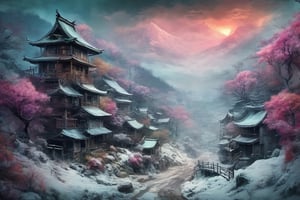 Old Japanese village in the snowy mountains of Hokkaido, style of ( Jeremiah Ketner, Kim Keever, John Atkinson Grimshaw) post apocalyptic ,gothic, horror ,darkpunk dark wood, abandoned port , steam fog smoke 16k IMAX photograph, vivid colours