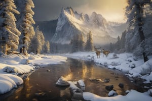 (((Yosemite park))), mountain stream landscape painting, in the style of mike campau, light white and gold, david yarrow, tj drysdale, gothic grandeur, cold and detached atmosphere, national geographic photo, deer drinks from the river
,Landskaper