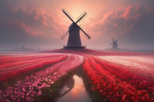 **a windmill standing in the middle of flower fields, in the style of jessica rossier, jan pietersz saenredam, romantic landscape vistas, blurred landscapes, ton dubbeldam, light bronze and red, metropolis meets nature 