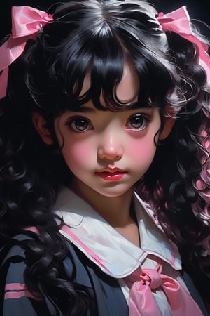 


luminous high definition ultra reality portrait of expressive 19 year old Hispanic girl with long black curly hair, Darkness, horror, creepy, Impressionist Anime painting,  oil painting, disease, mine - type, mass - produced type, cross, slanted eyes, spanish school uniform twintails, ribbon, black hair, pink eyes, creepy smile, , horror movie atmosphere, dramatic light atmosphere, by Malcolm Liepke, Casey Baugh, jujin ito, and Nick Alm