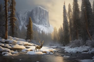 (((Yosemite park))), mountain stream landscape painting, in the style of mike campau, light white and gold, david yarrow, tj drysdale, gothic grandeur, cold and detached atmosphere, national geographic photo, deer drinks from the river
,Landskaper