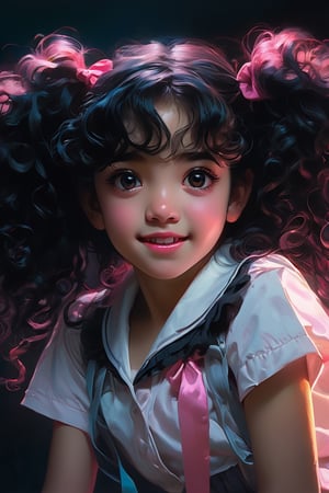 


luminous high definition ultra reality portrait of expressive 19 year old Hispanic girl with long black curly hair, Darkness, horror, creepy, Impressionist Anime painting,  oil painting, disease, mine - type, mass - produced type, cross, slanted eyes, spanish school uniform twintails, ribbon, black hair, pink eyes, creepy smile, , horror movie atmosphere, dramatic light atmosphere, by Malcolm Liepke, Casey Baugh, jujin ito, and Nick Alm