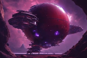 massive spherical orbital ship by zak zaman, docket at a spaceport to refule  in the style of realistic scenery, dark red and purple, wollensak 127mm f/4.7 ektar, neogeo, ultra hd, sparklecore, enlightenment era