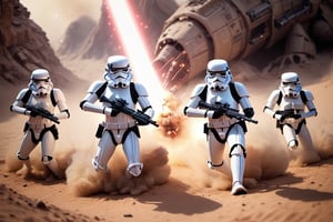 Three Stormtrooper   surrounded, Tatooine - The stormtroopers could figth Tusken Raider , under massive laser fire, explosion around them, smoke, battlefield atmosphere, in the style of intense and dramatic lighting, war photography, furaffinity, tilt-shift photography, yankeecore, rtx on, high quality photo , seen from above 