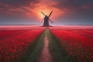 **a windmill standing in the middle of flower fields, in the style of jessica rossier, jan pietersz saenredam, romantic landscape vistas, blurred landscapes, ton dubbeldam, light bronze and red, metropolis meets nature 