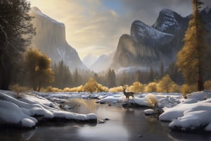 (((Yosemite park))), mountain stream landscape painting, in the style of mike campau, light white and gold, david yarrow, tj drysdale, gothic grandeur, cold and detached atmosphere, national geographic photo, deer drinks from the river
,Landskaper